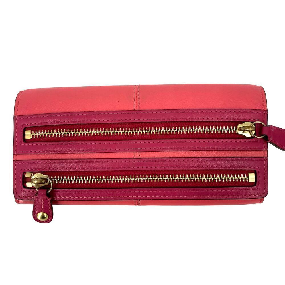 Coach Leather Bonnie Slim Envelope Wallet Double Zipper Coral and Pink 8 Inch
